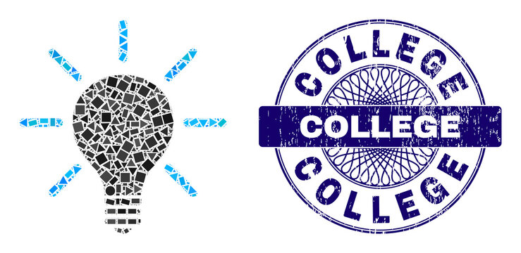 Geometric collage light bulb, and College rubber seal. Blue stamp seal has College text inside round shape. Vector light bulb mosaic is organized of different round, triangle, square elements.