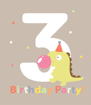 An illustration in a vector. Invitation to the dino party, in cartoon style, on a grey background, with the image of a cute funny dinosaur with pink bubble gum.