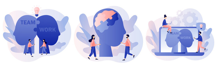 Human heads puzzle. Mental health. Mutual understanding. Knowledge, psychology, memory, logic. Business, teamwork concept. Modern flat cartoon style. Vector illustration on white background