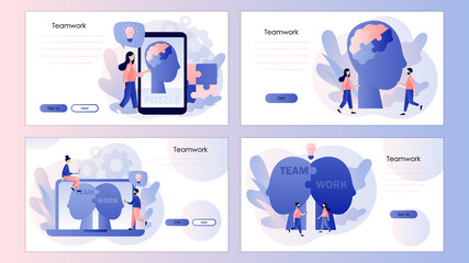 Human heads puzzle. Mental health. Mutual understanding. Psychology, memory, logic. Business, teamwork. Screen template for landing page, template, ui, web, mobile app, poster, banner, flyer. Vector 