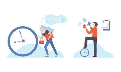 Young Woman Pushing Forward Dial Piece and Man Solving Jigsaw Puzzle Vector Set