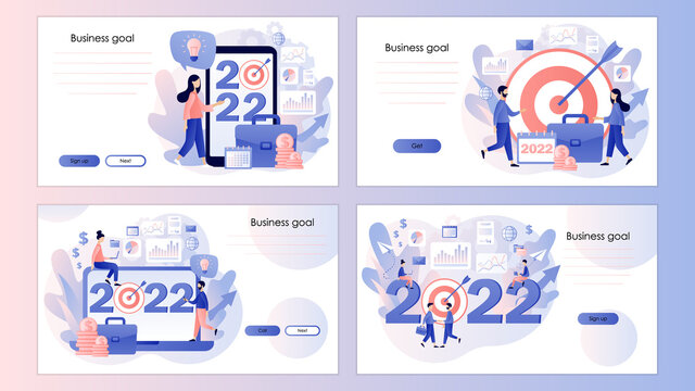 2022 New Year business goal. Tiny businessmen planning goals for next year. Achievement, success. Screen template for landing page, template, ui, web, mobile app, poster, banner, flyer. Vector