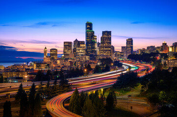 Beautiful twilight with cityscape and long exposure of light trails from Dr. Jose Rizel Bridge