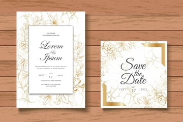 Hand Drawing Floral Wedding Invitation Card Template Set