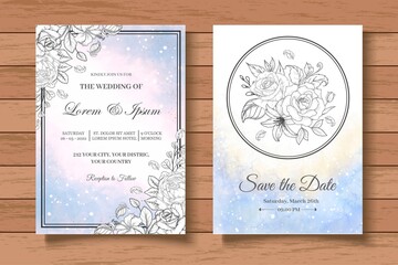 Hand Drawing Floral Wedding Invitation Card Template Set