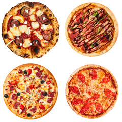 Set of four different pizzas isolated on white background