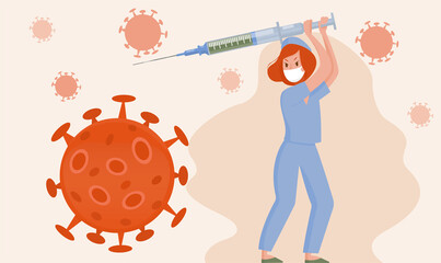 A girl in a nurse costume and a protective mask holds a syringe with a vaccine in her hands and fights the virus. The concept of covid-19 vaccination, pandemic control, herd immuni