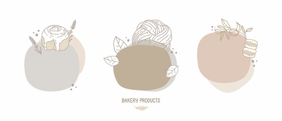 Set of vector hand-drawn illustrations. Abstract shapes in pastel color,  linear drawing. Space for text, template, frame. Bakery products, pastries, cake. Babka, cinnamon bun with frosting, macarons