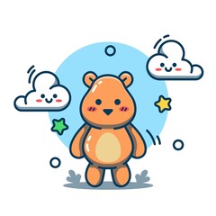 Vector illustration of a cute bear standing surrounded by clouds. Cute bear in flat cartoon style. Suitable for illustrations, web landing pages, icons, t-shirts, stickers and more.