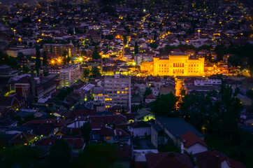Aerial view of city night lights in Sarajevo, Bosnia and Herzegovina