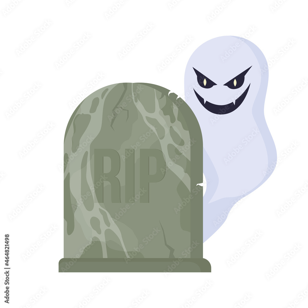 Poster gravestone with creepy ghost semi flat color vector item. spooky tombstone. realistic object on whit