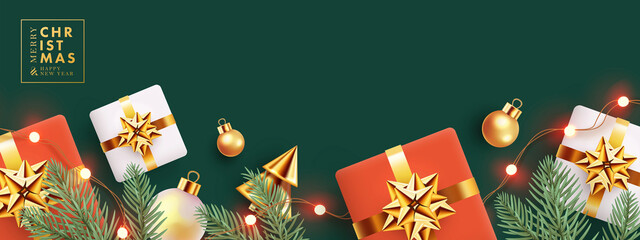 Christmas design with horizontal border made of realistic fir branches, gift boxes, golden conical Christmas trees, balls and lights on deep green background. Xmas banner, poster, card, website header