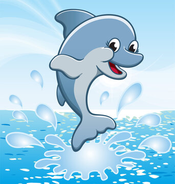 happy cute smiling jumping cartoon dolphin
