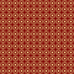 golden crossed squares and circles ornament over wine red background, chinese or asian styled vector abstract seamless texture