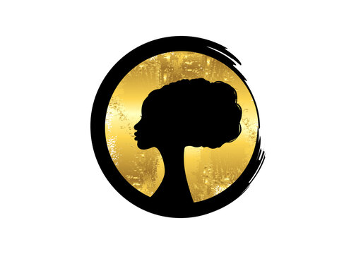 Afro Hairstyles, Portrait Beauty Woman Hair Salon Luxury Round Logo Design Silhouette, Leaf Gold Foil Circle Fashion Icon, Vector Isolated On White Background