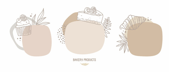 Set of vector hand-drawn illustrations. Abstract shapes in pastel color,  linear drawing. Space for text, template, frame. Confectionery, pastries. Cheesecake with raspberries, cupcake, croissant.