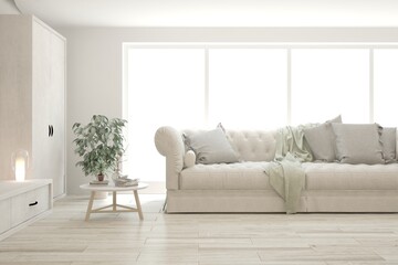 White living room with sofa. Scandinavian interior design. 3D illustration