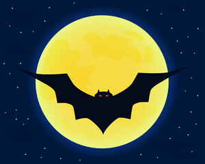Halloween bat with red eyes flying on full moon background