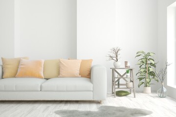 White living room with sofa. Scandinavian interior design. 3D illustration