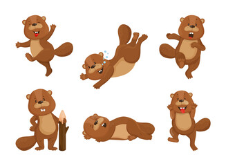 Collection of cartoon illustrations with beaver performing different actions. Colorful cute character. - obrazy, fototapety, plakaty