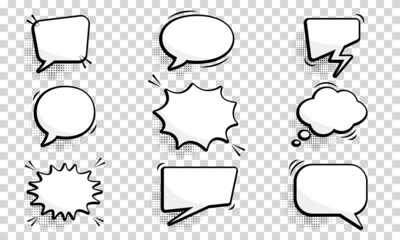 Obraz premium Set of Comic Speech Bubbles. Cartoon Funny Speech Balloons on Transparent Background. Collection Empty Retro Bubbles for Text, Chat with Halftone. Isolated Vector Illustration