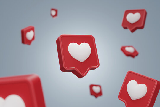 Realistic red love like heart social media notification icon falling on pastel blue background with shadow. Follow, comment, one like icon - 3D illustration