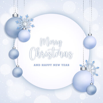 White Christmas postcard background with decoratives balls and snowflakes on circular frame