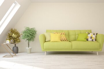 White living room with sofa. Scandinavian interior design. 3D illustration