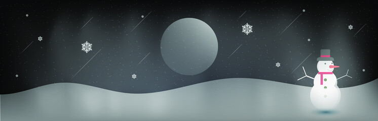 Landscape with snow-filled areas.pines and mountains.Cartoon snowman with snow.moon of night.Christmas Meteor Wallpaper.Halloween.Bright moon and shooting star.Bright moon. moon background.postal card © Jreacher