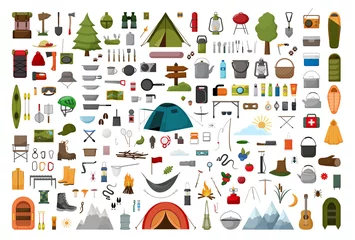 Foto op Plexiglas Collection of illustrations on the theme of camping in a flat style. © Marina
