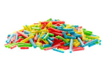 Rainbow sprinkle for confectionery. Colorful confetti on a white background, close-up. Confectionery multi-colored sprinkles for decoration. Pile of confectionery sprinkles. Confectionery decor.