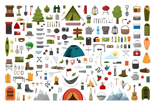 Collection of illustrations on the theme of camping in a flat style.
