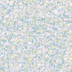 Checkered texture. Random staining. Gray, pink, blue, green, white.