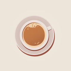 Coffee cup on a plate. Latte with foam from top view. Vector logo.