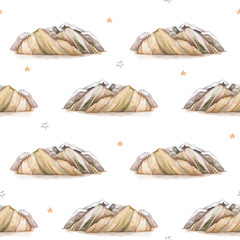 Cute hand drawn seamless pattern mountains and stars. Creative scandinavian woodland background. Forest. Watercolor bohemian illustration