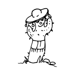 Funny Cactus in Mexican hat. Vector sketch illustration. Doodle style.