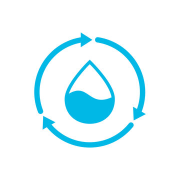 Recycle water icon. Blue water drop inside circle arrows. Sustainable resources. Water reuse or reclamation. Environmental restoration idea. Wastewater treatment. Vector illustration, flat, clip art. 