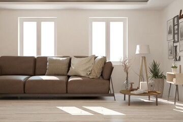 Modern living room in white color with sofa. Scandinavian interior design. 3D illustration