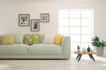 White living room with sofa. Scandinavian interior design. 3D illustration