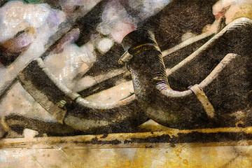 Close-up of black hoses with clamps. Rubber hoses for gasoline, diesel or oil. Industrial theme.