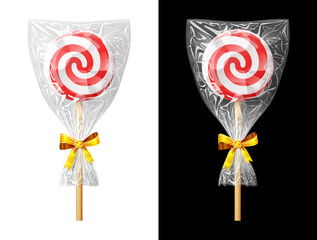 Round red candy on stick in plastic wrapper with bow. Festive wrapped lollipop isolated on white and black. Vector image for christmas, sweet food, new years day, holiday, dessert, new years eve, etc