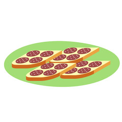 A vector illustration of four sausage sandwiches on the green plate isolated on transparent background. Designed in green, maroon and light brown colors for web concepts, prints, wraps, templates