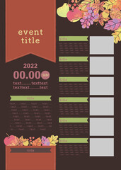 秋のイベント　水彩　収穫祭　演奏会　音楽会　テンプレート　ベクター　落ち葉　果物　林檎　葡萄　梨