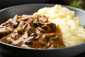 Beef Stroganoff with mushrooms and mashed potatoes.