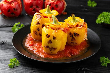 Jack o lanterns stuffed yellow pepper for Halloween.