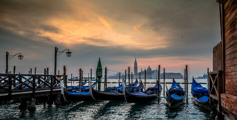 Gondolas on the jetty in San Marco square in Venice