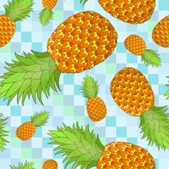 Pineapple seamless pattern on checked background. Tropical fruit repeating endless texture. Yummy boundless background. Food surface pattern design. Editable tile for textile or stationery