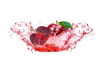 Red cherry plum fruit with juice splash isolated on white background.