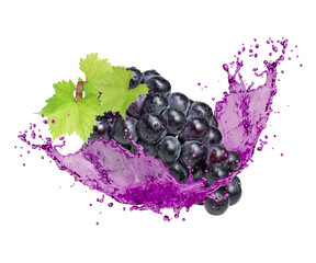 Black wine grapes with juice splash isolated on white background.