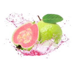 Pink guava fruit with juice splash isolated on white background. 